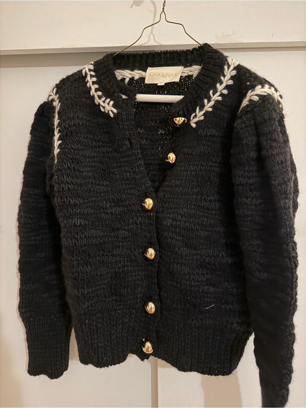 Carolina K Navy Chunky Knit Cardigan with White Stitching and Gold Buttons
